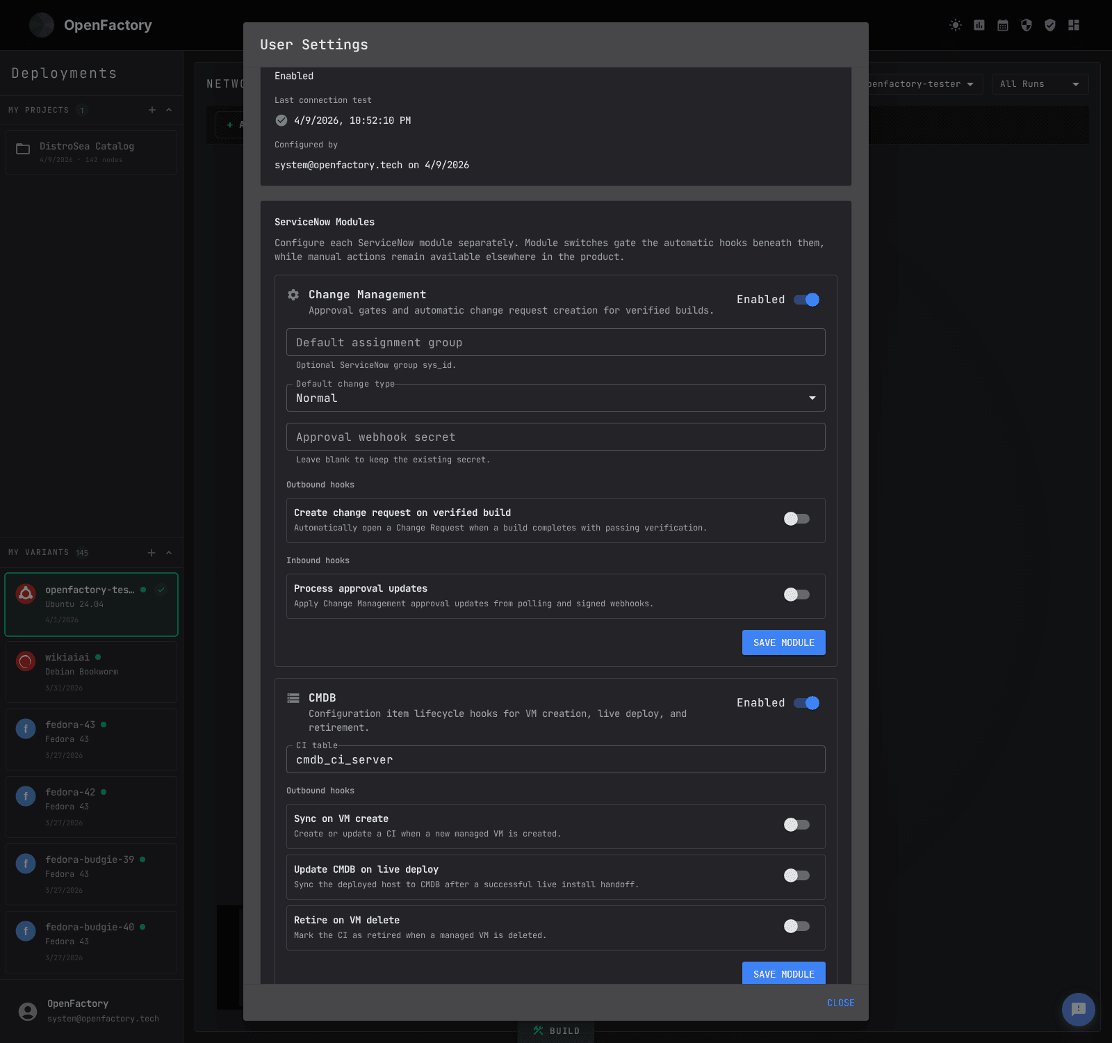 OpenFactory CTO GUI ServiceNow settings tab showing module-level controls for Change Management and CMDB